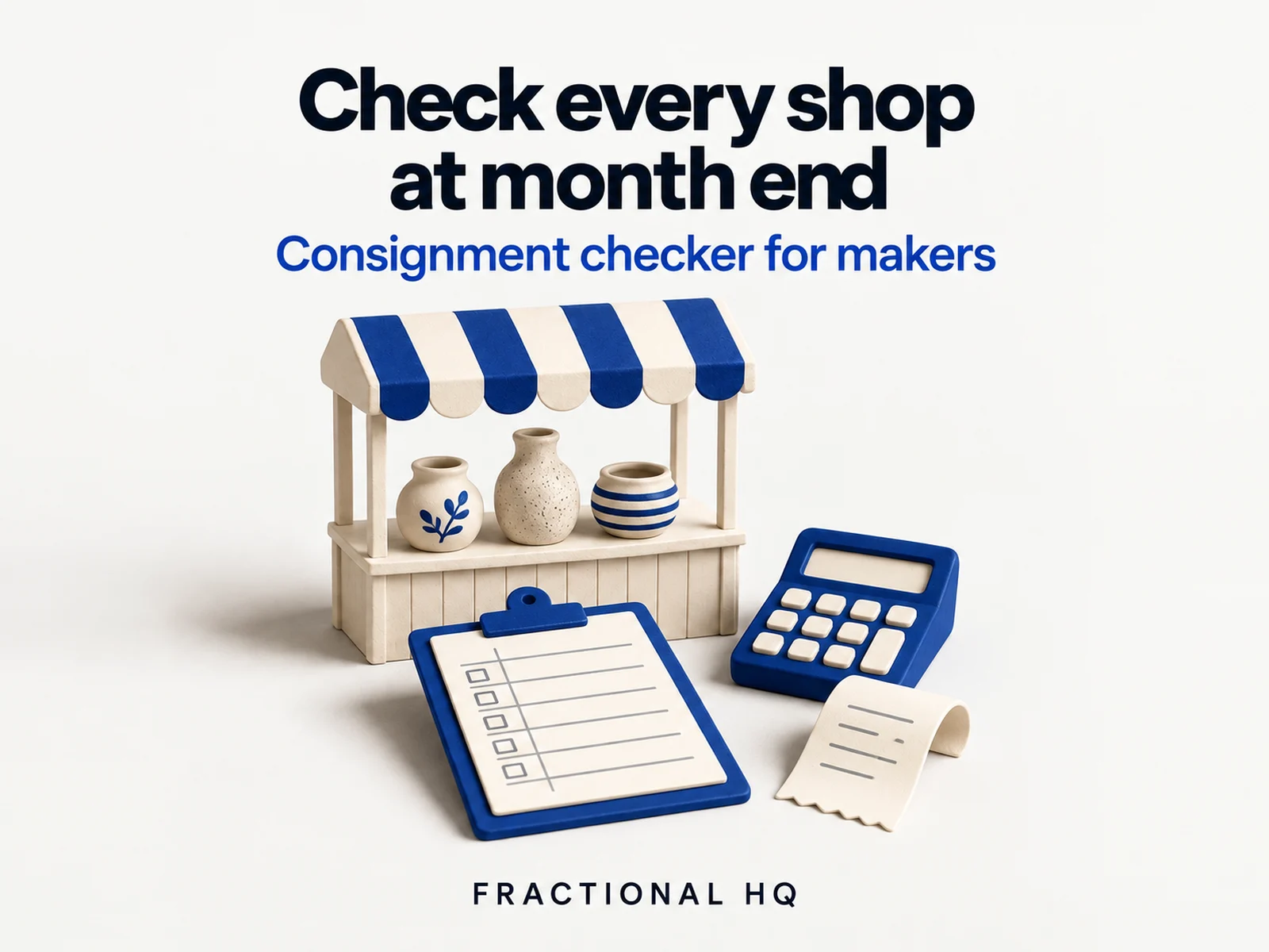 Cobalt and cream concept illustration: a shop display of pottery, ledger clipboard, calculator and receipt.