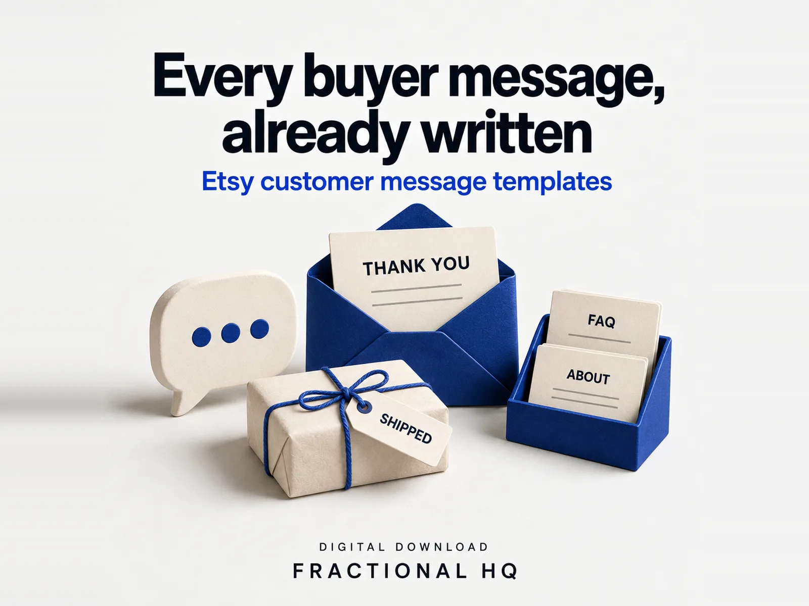 Clay illustration: a cream speech bubble with three blue dots, an open blue envelope holding a card labelled Thank you, a cream parcel tied with blue string and a tag labelled Shipped, and a blue card holder with cards labelled FAQ and About, headed Every buyer message, already written.