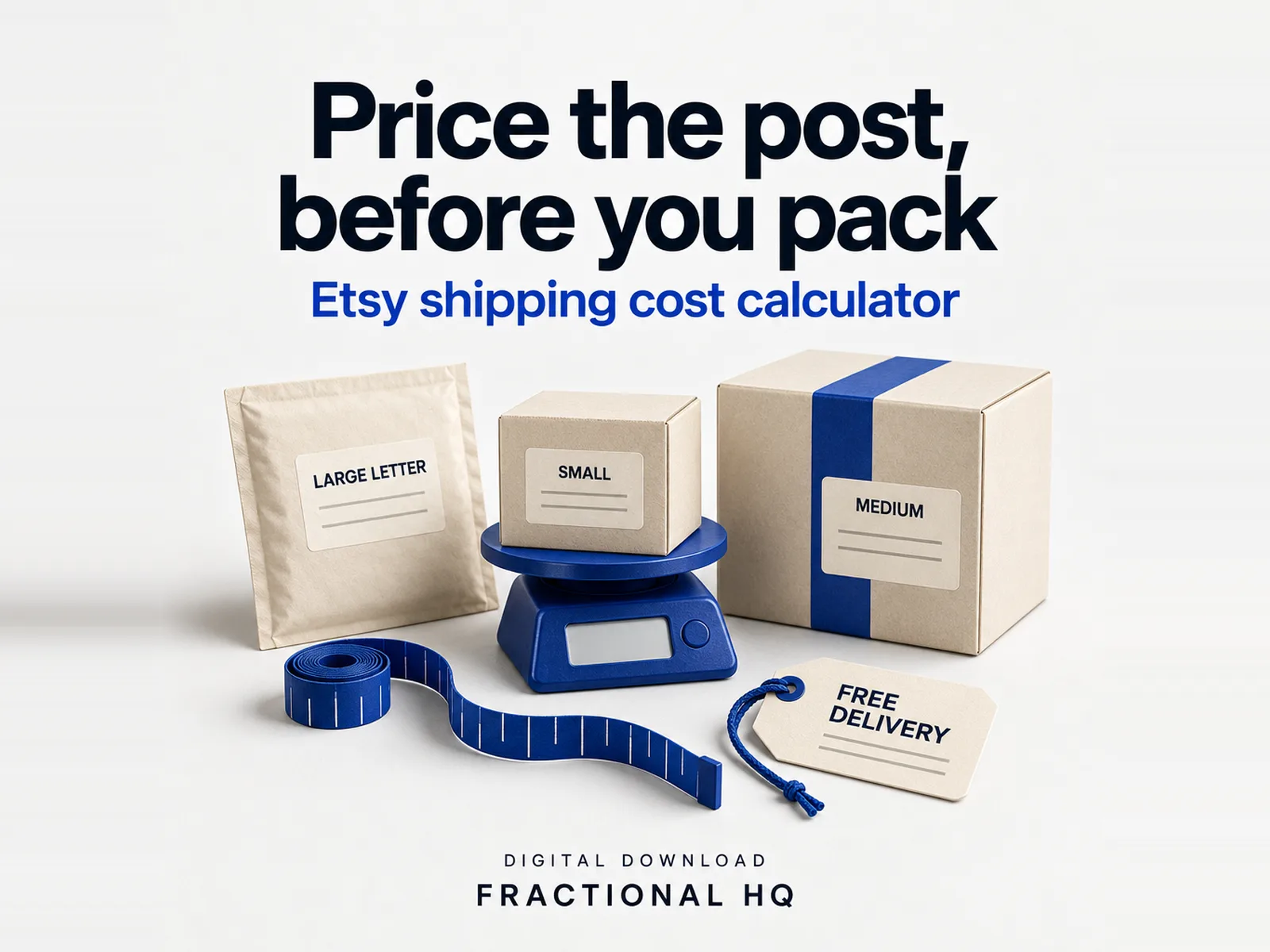 Clay illustration: a cream padded envelope labelled Large letter, a small box labelled Small on a blue kitchen scale, a larger box with a blue band labelled Medium, a blue tape measure and a cream tag labelled Free delivery on blue string, headed Price the post, before you pack.