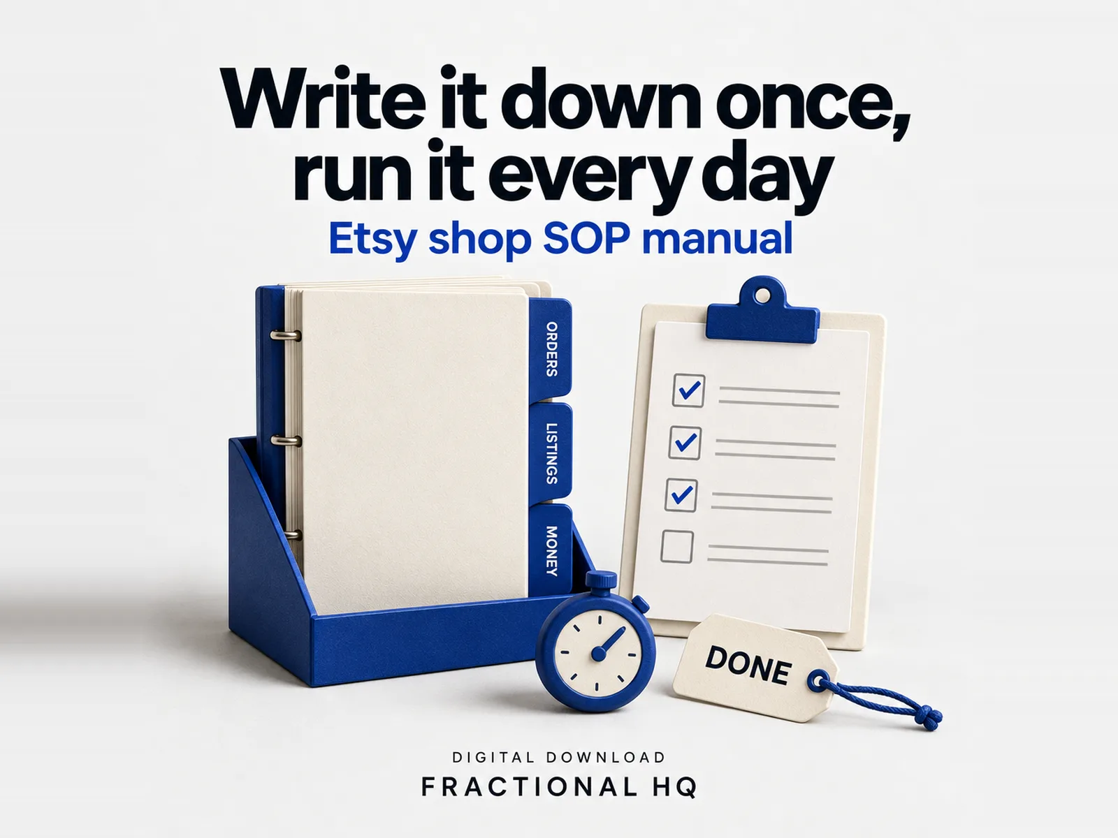Clay illustration: a cream ring binder in a blue stand with blue divider tabs labelled Orders, Listings and Money, a clipboard with four checkboxes, three ticked in blue, a blue stopwatch and a Done tag on blue string, headed Write it down once, run it every day.