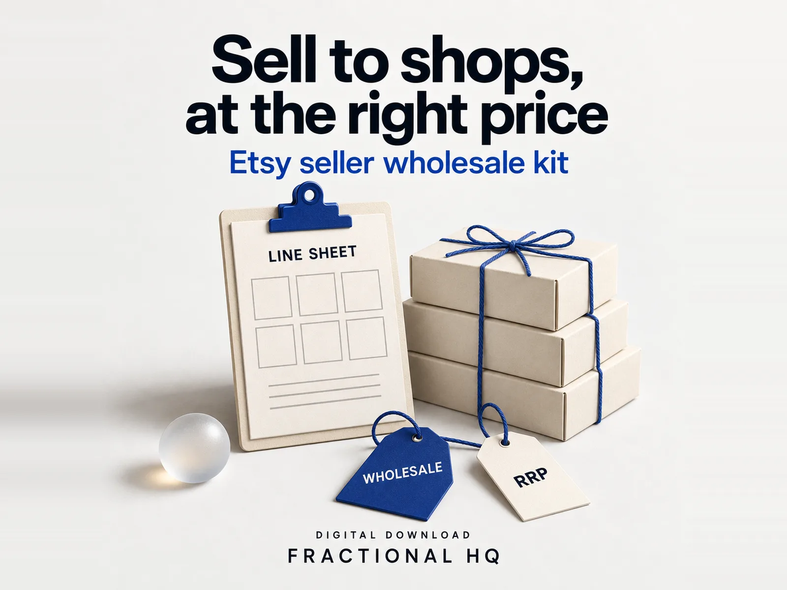 Clay illustration: a cream clipboard with a blue clip holding a sheet labelled Line sheet with six empty photo squares, a stack of three cream boxes tied with blue string, a blue tag labelled Wholesale and a cream tag labelled RRP, and a small frosted glass ball, headed Sell to shops, at the right price.