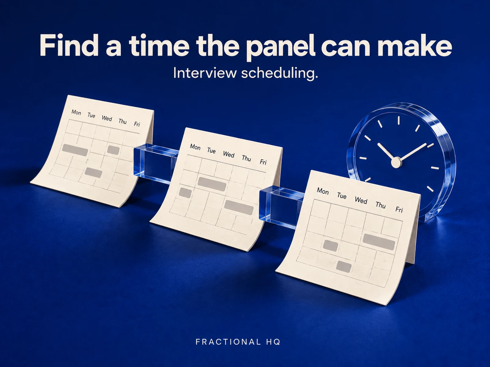 Cobalt and cream concept illustration: interview candidates matched to panel availability and a confirmed calendar booking.