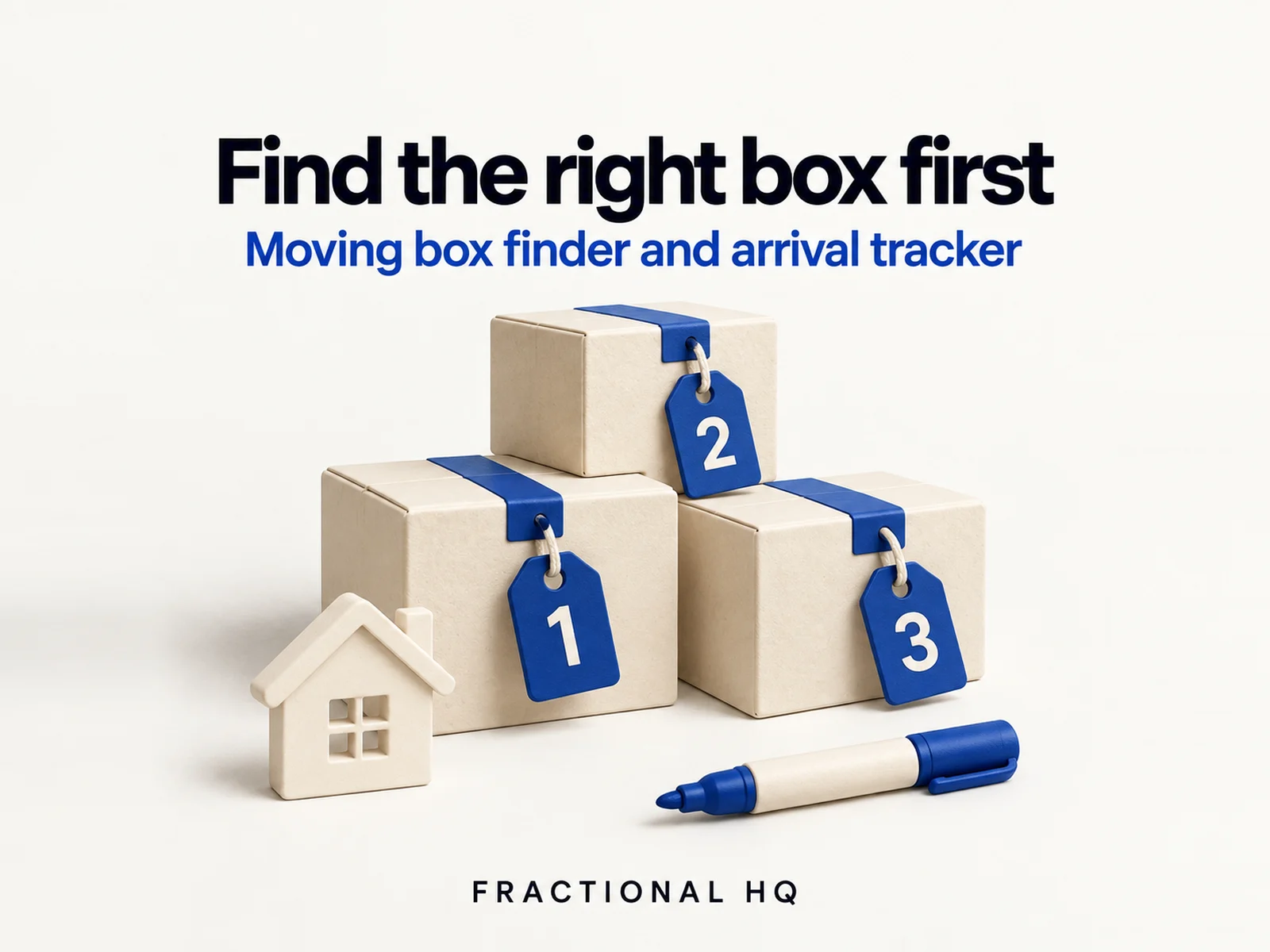 Card reading 'Find the right box first' with three taped boxes tagged 1, 2 and 3, a small house and a marker pen.