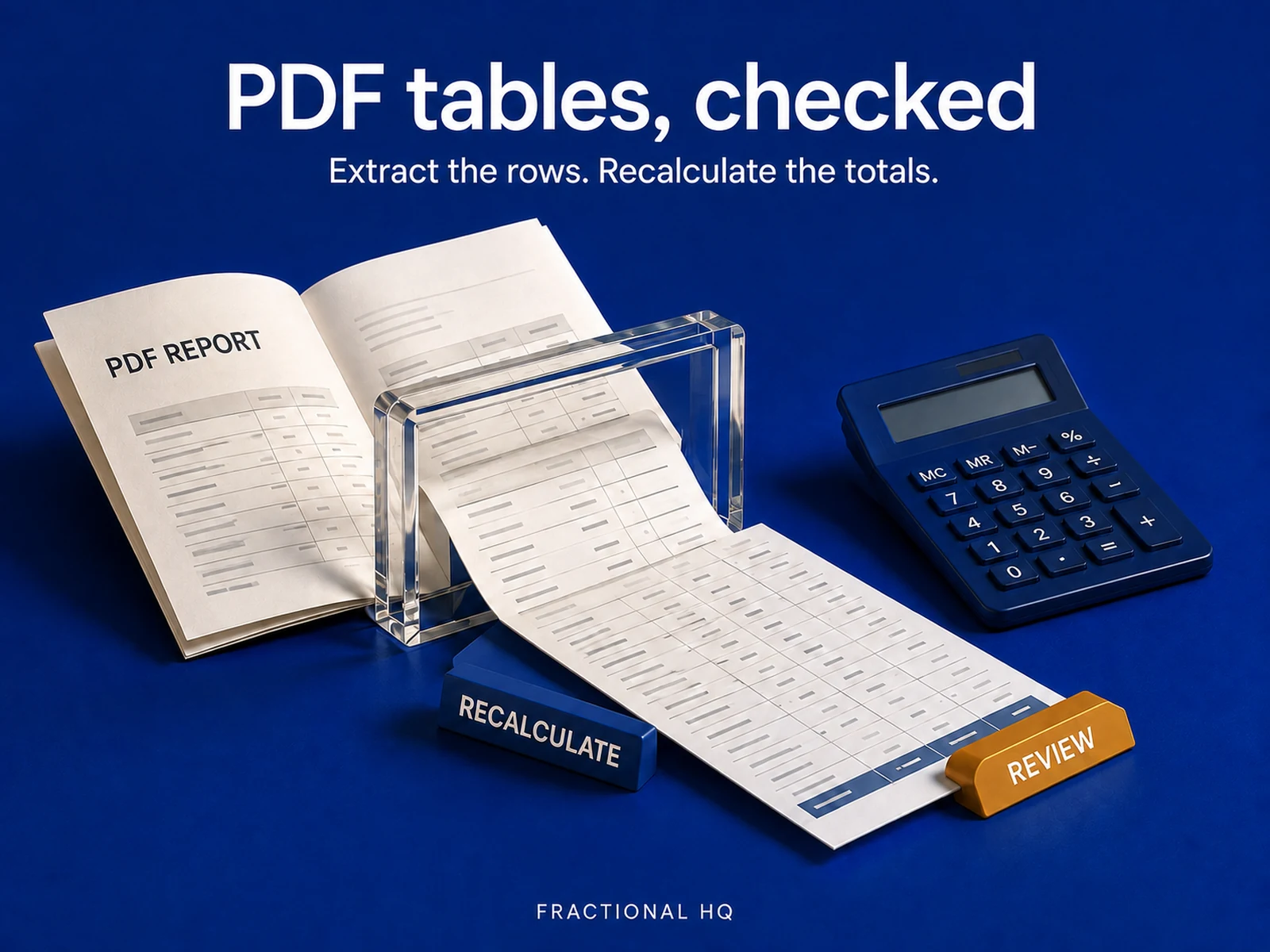 Concept illustration: Reconciling a PDF report table before it reaches your books.