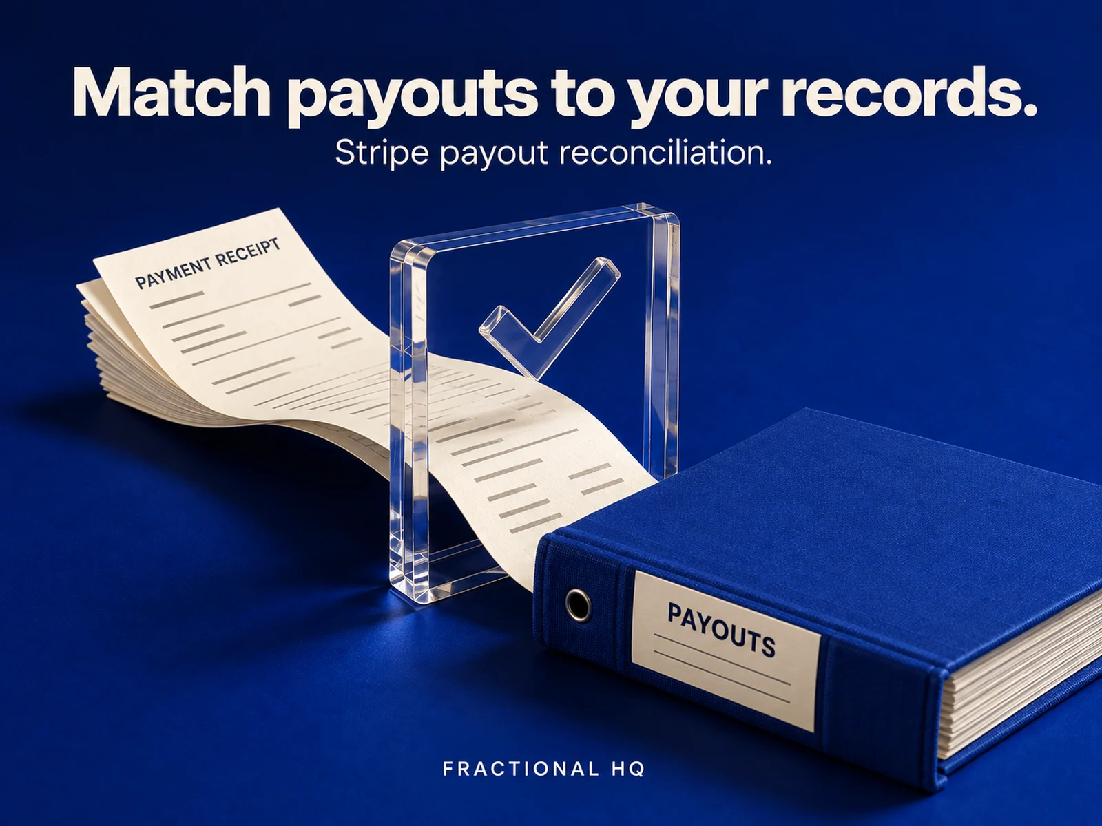 Cobalt and cream concept illustration: Stripe payout slips matched against an invoice ledger and an exceptions report.